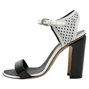 Chanel Bicolor Patent Leather Perforated Block Heel Sandals Black White‎ G30025